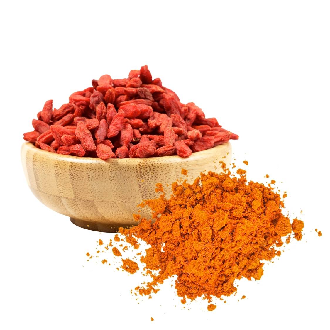 Goji Berrys on a wood bowl with Goji Berry powder beside it