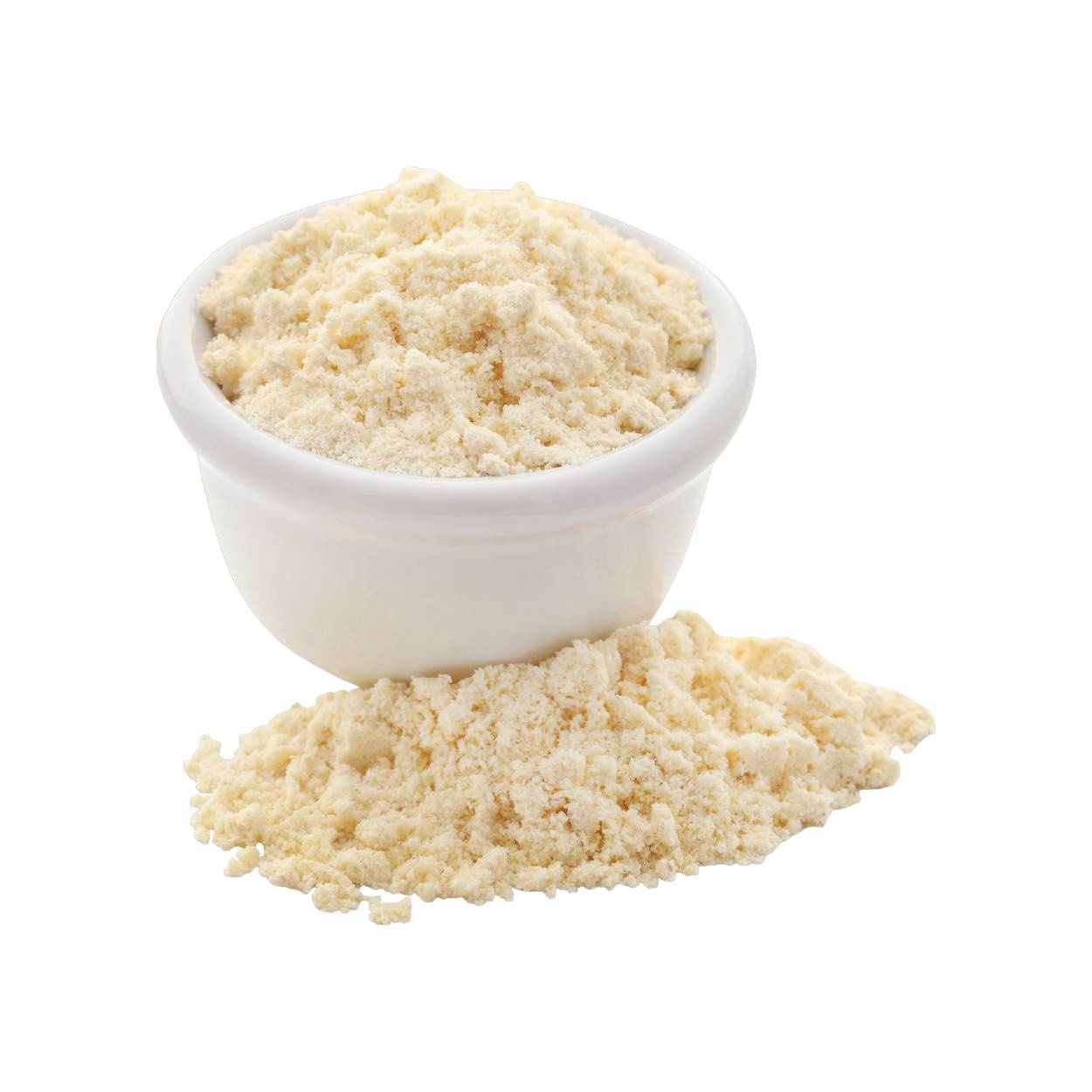 A bowl of white protein powder beside a heap of protein powder