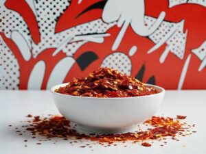 Chili Flakes on a white bowl with a red and white pop art background