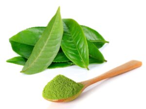 Green leaves displayed behind a spoon with a heap of green powder.