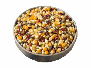 Multicolored grains in a bowl.