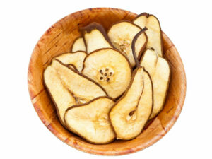Dried Pear slices in a bowl, shown from the top view.