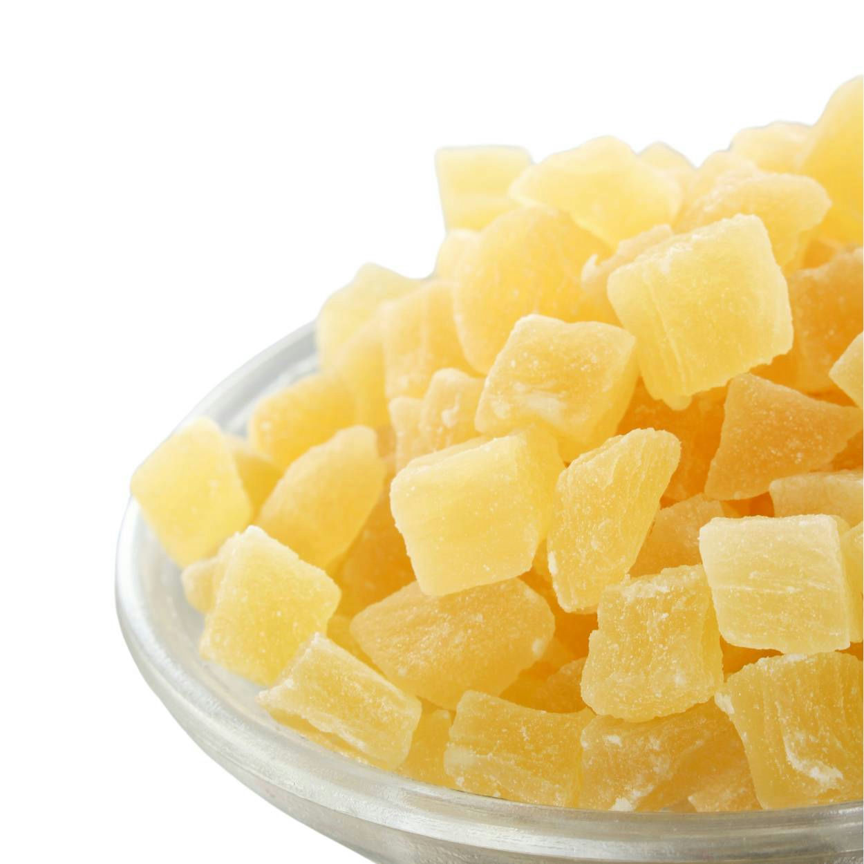 Dry, diced pineapple on a plate