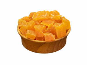 Diced, dry mango cubes in a bowl