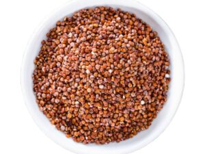 Top view of red quinoa in a bowl.