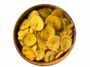 Top view of plantain chips in a bowl.