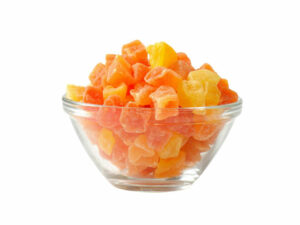 Mandarin dices that have been dried in a transparent bowl