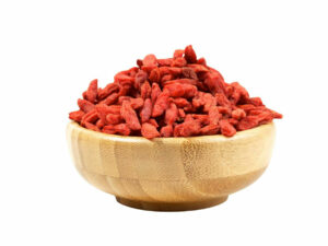 Bowl with dried, red goji berries.