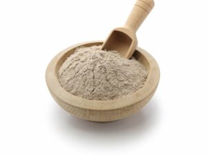 Teff Flour on a wooden bowl