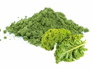 Kale Powder beside Kale leaves