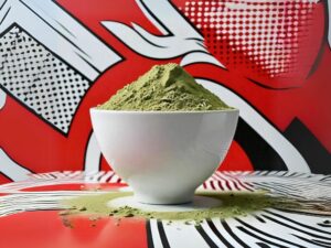 Dried Oat Grass Powder in a white bowl