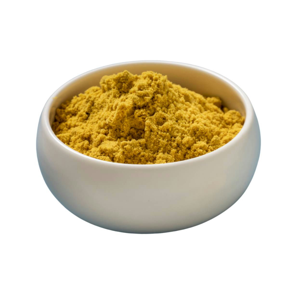 Mustard yellow, fine powder in a bowl.