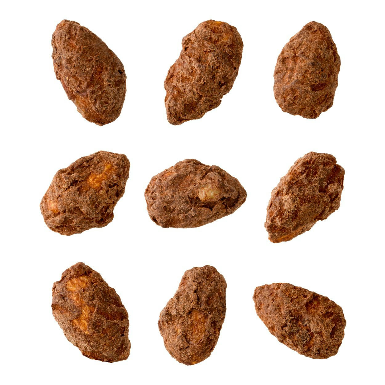 Nine almond nuts coated with brown powder, displayed in a grid.