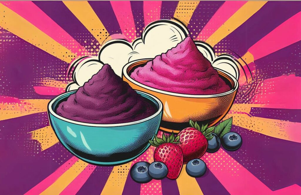 A cartoon picturing Acai Powder and Acai Puree in 2 bowls