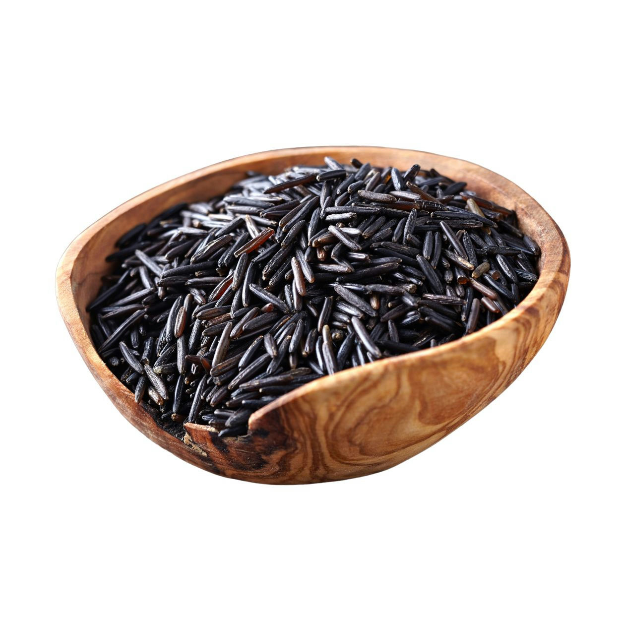 Dark brown rice grains in a wooden bowl.