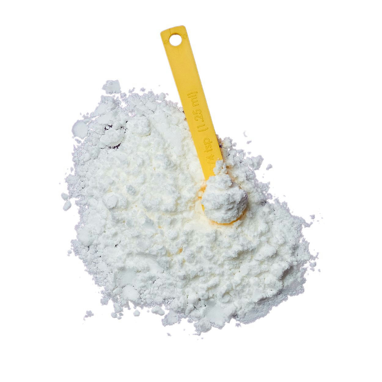 Top view of a fine white powder, displayed with a yellow measuring spoon.