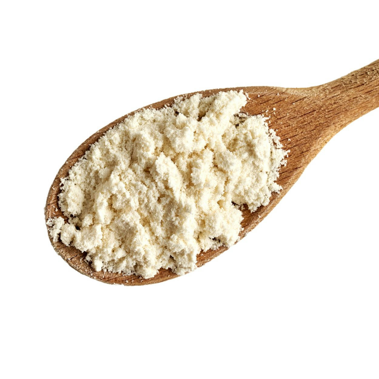 Top view of white powder displayed on a wooden spoon.