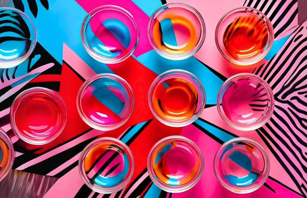 Coconut oil in various bowls with a pop art colorful background