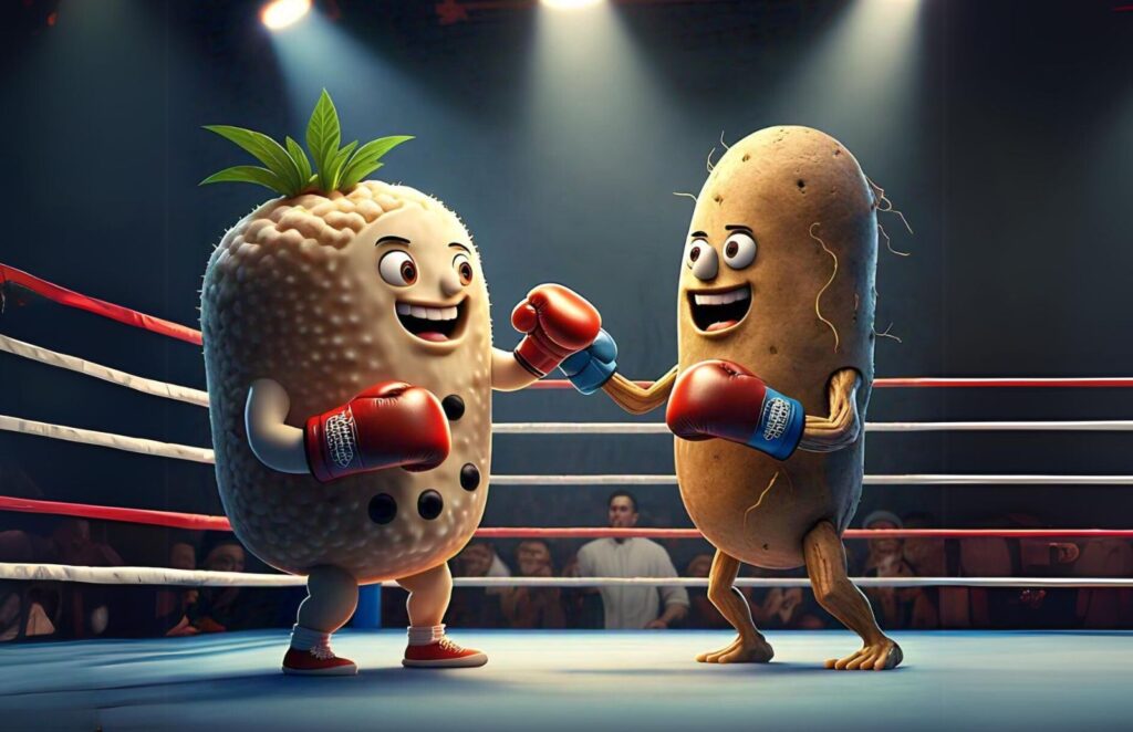 A tapioca and a cassava root smiling in a boxing ring.