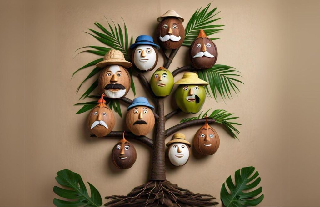 a group of painted coconuts on a wall with a tree in the background