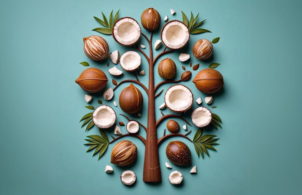a group of painted coconuts on a wall with a tree in the background