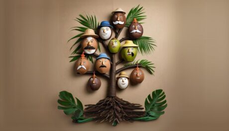 a group of painted coconuts on a wall with a tree in the background