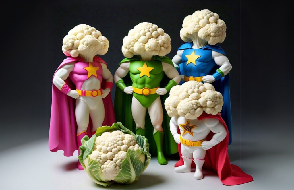 a cartoon image of 4 cauliflowers wearing a purple cape
