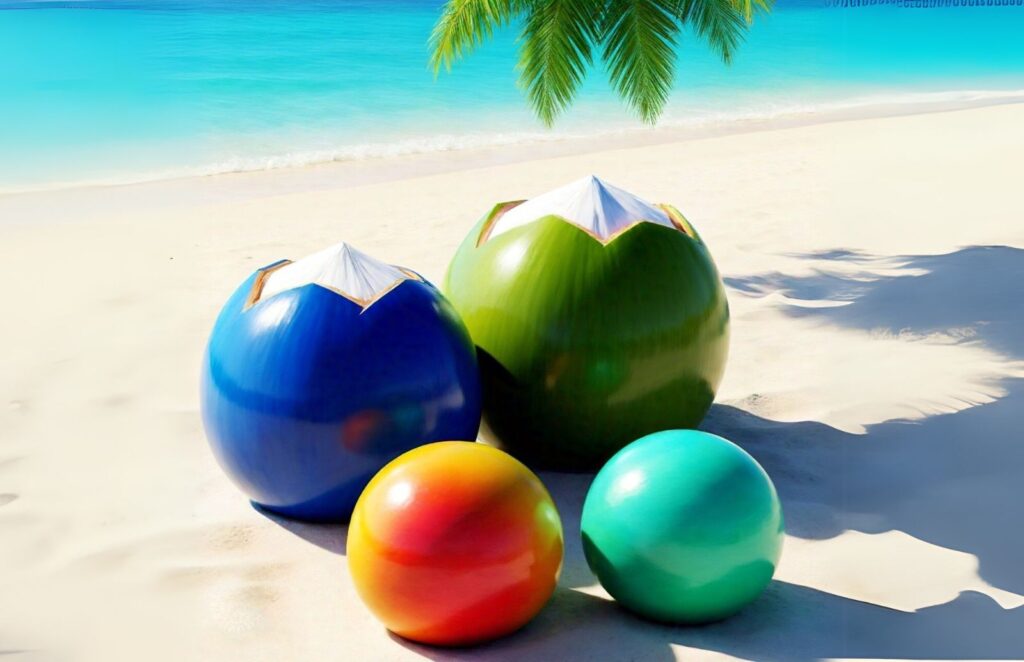 A green, red, blue and yellow coconut in the beach