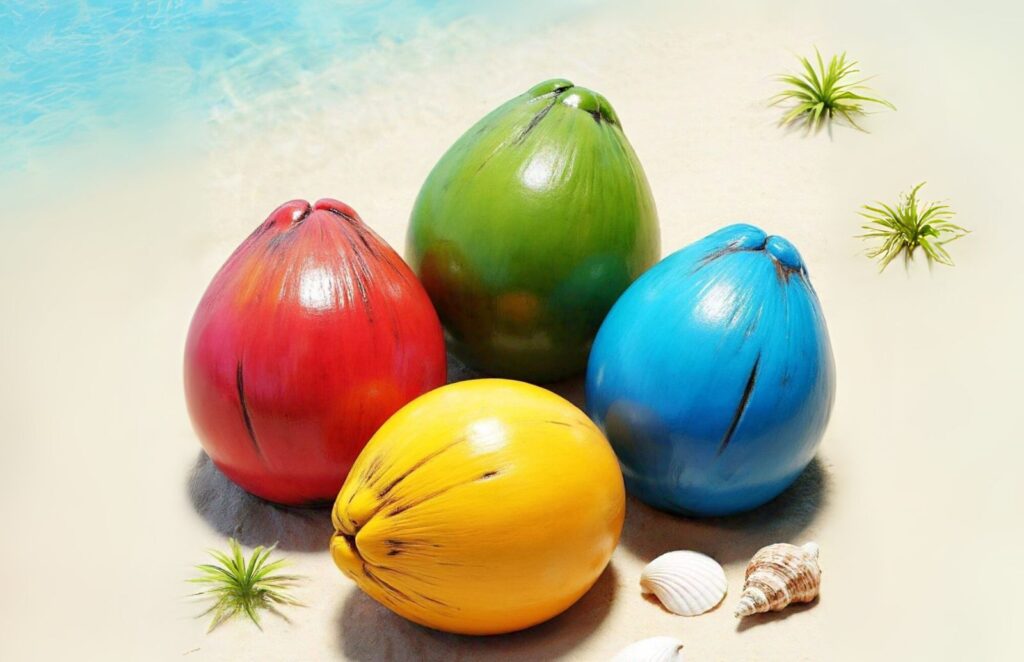A green, red, blue and yellow coconut in the beach