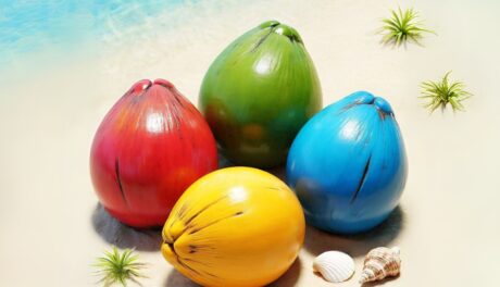 A green, red, blue and yellow coconut in the beach