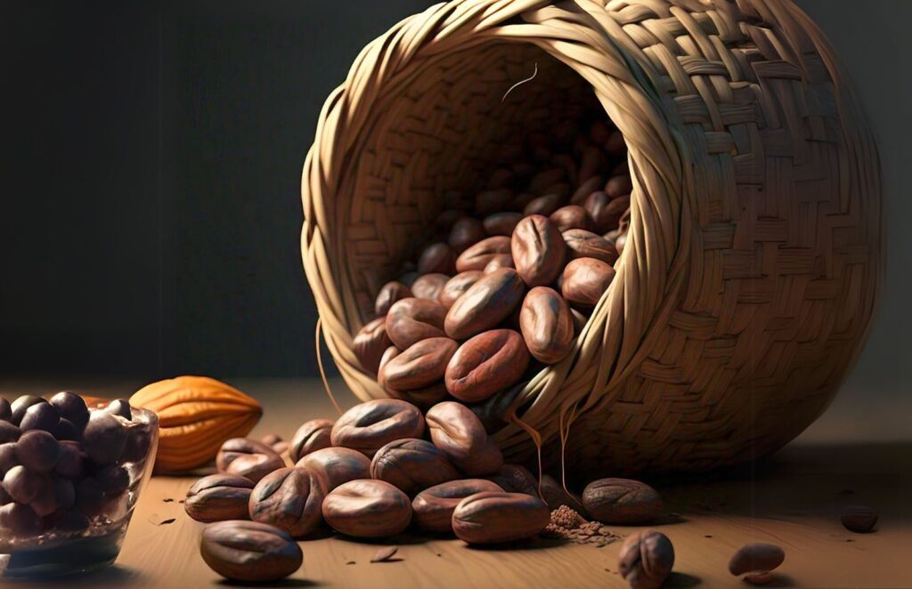 a basket full of cacao beans and a glass of milk