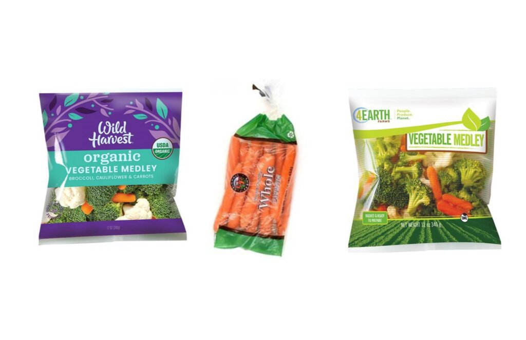 Packaged carrots, cauliflowers and broccolis