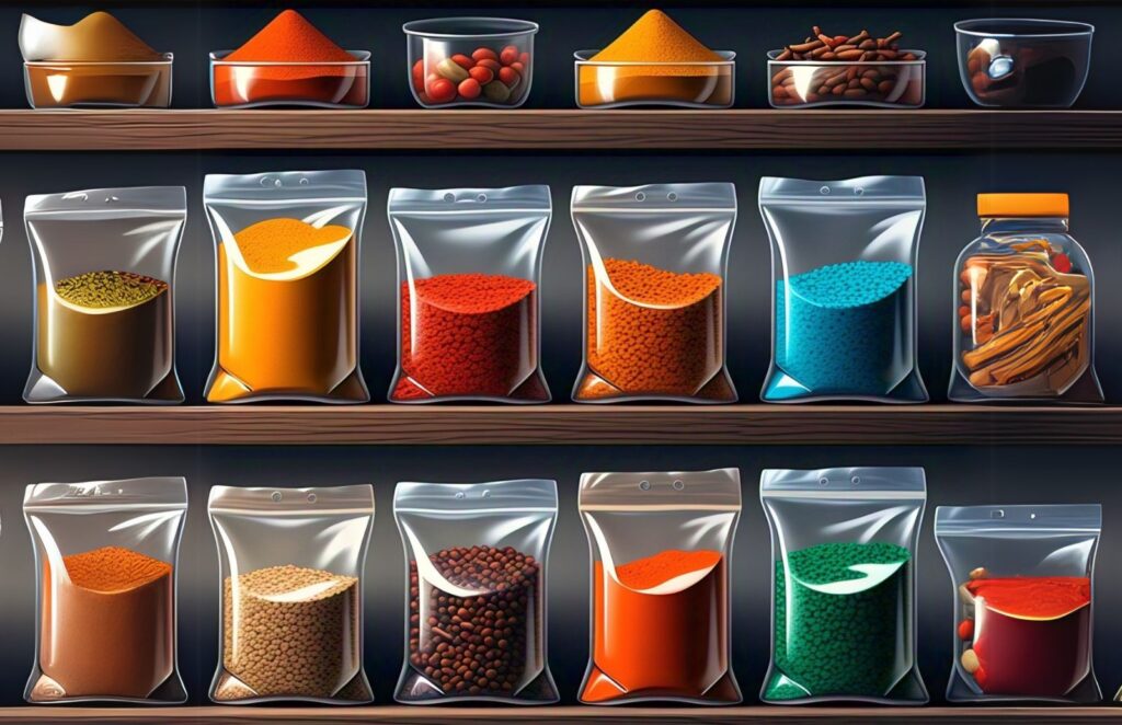 A shelf filled with different types of spices in transparent bags