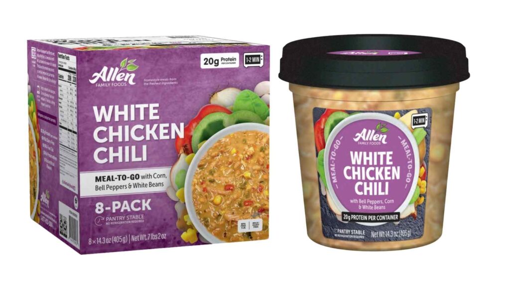 7 lbs. 2 oz. cartons containing eight, 14.3 oz. plastic tubs of “Allen FAMILY FOODS WHITE CHICKEN CHILI with Bell Peppers, Corn & White Beans,”
