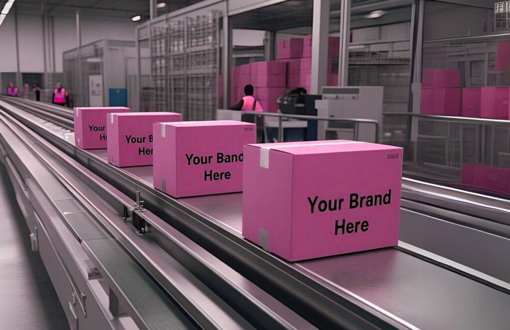 a conveyor belt with pink boxes on it that say "your brand here"
