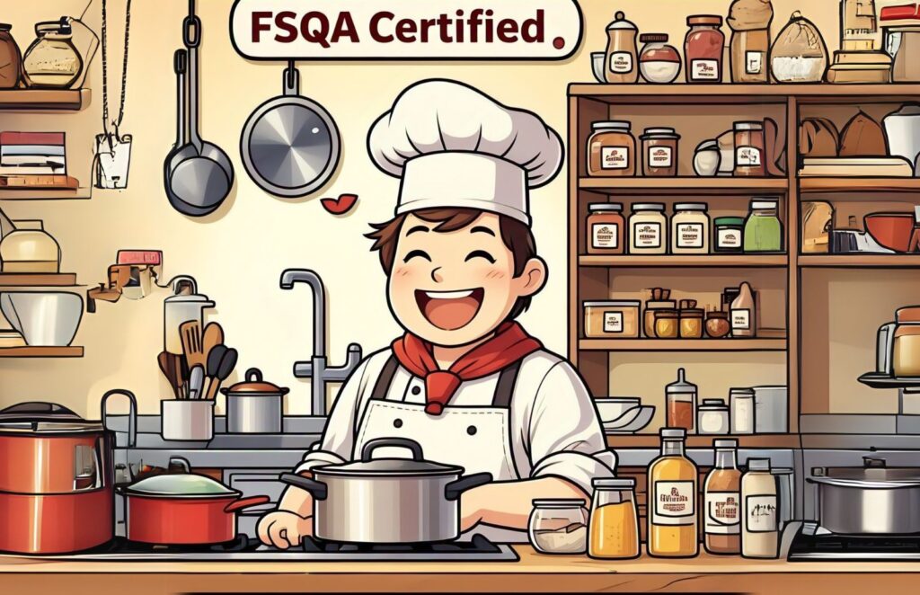 a cartoon chef is standing in front of a counter with pots and pans