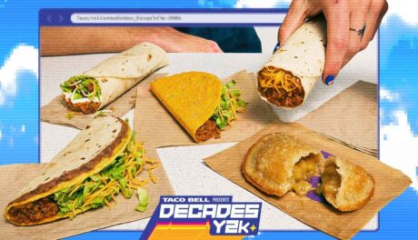 Taco Bell Y2K menu items including Cool Ranch Doritos Tacos, 7-Layer Burrito, and Caramel Apple Empanada
