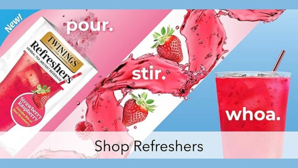 Twinings Refreshers strawberry flavor drink is shown in liquid and powder form.