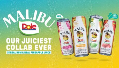 Malibu & Dole RTD cocktails four flavors with logos, real rum and pineapple juice, tropical ready-to-drink cans