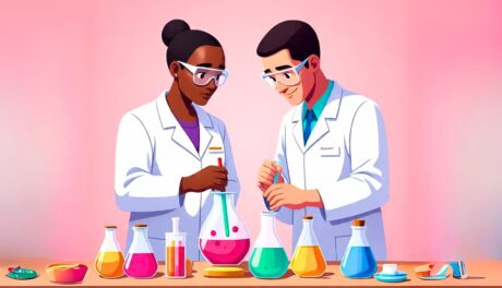 An image of 2 scientists in lab coat mixing colorful ingredients with a pink background
