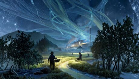 A fantasy style wide shot showing farmers harvesting ingredients in the foreground and a modern food factory in the background, connected by flowing lines of light or ingredients, cinematic realism, horizontal format