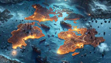 A surreal supply chain landscape where trucks, ships, and drones move ingredients across a glowing map, cinematic realism.