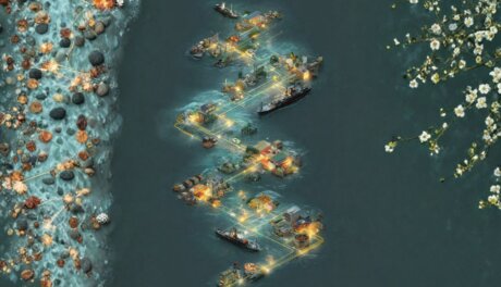 A wide surreal editorial illustration of a transparent food supply chain showing farms, ships, factories, and retail shelves connected by glowing tracing lines, cinematic lighting.