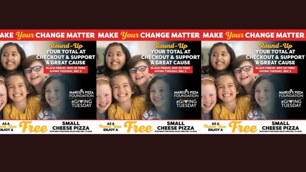 Marco's Pizza Foundation Make Your Change Matter campaign showing Giving Tuesday donation promotion for free small cheese pizza Nov 28-Dec 2
