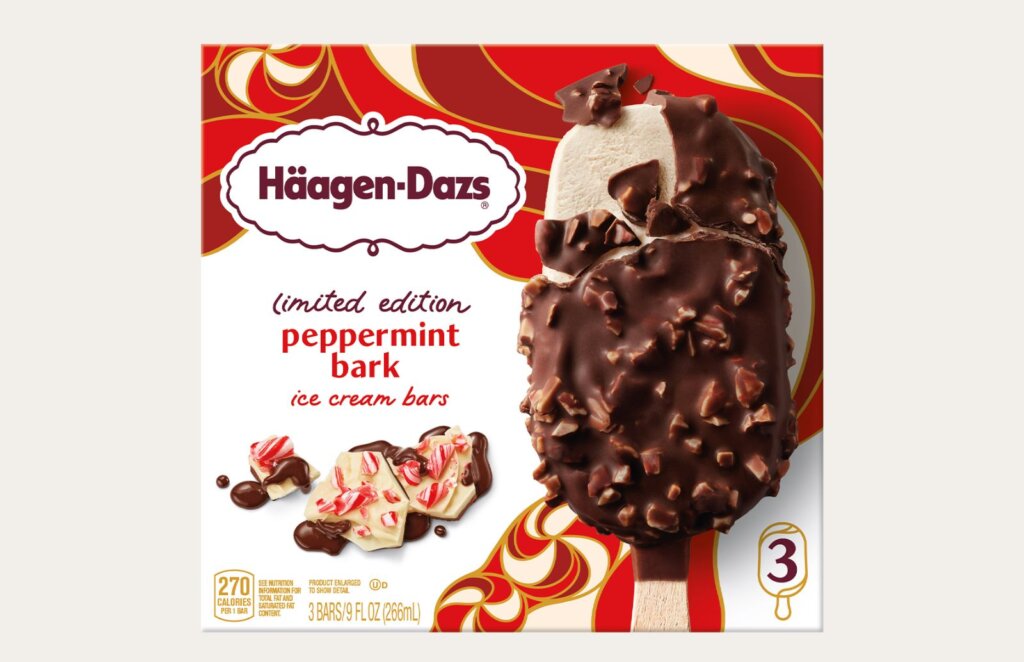Häagen-Dazs Peppermint Bark ice cream bar coated in dark chocolate with crushed peppermint pieces, limited edition seasonal dessert