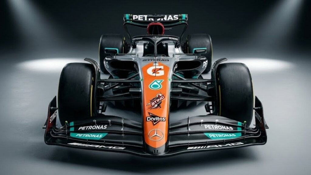 Mercedes-AMG Petronas F1 race car featuring new Gatorade and Doritos sponsorship logos