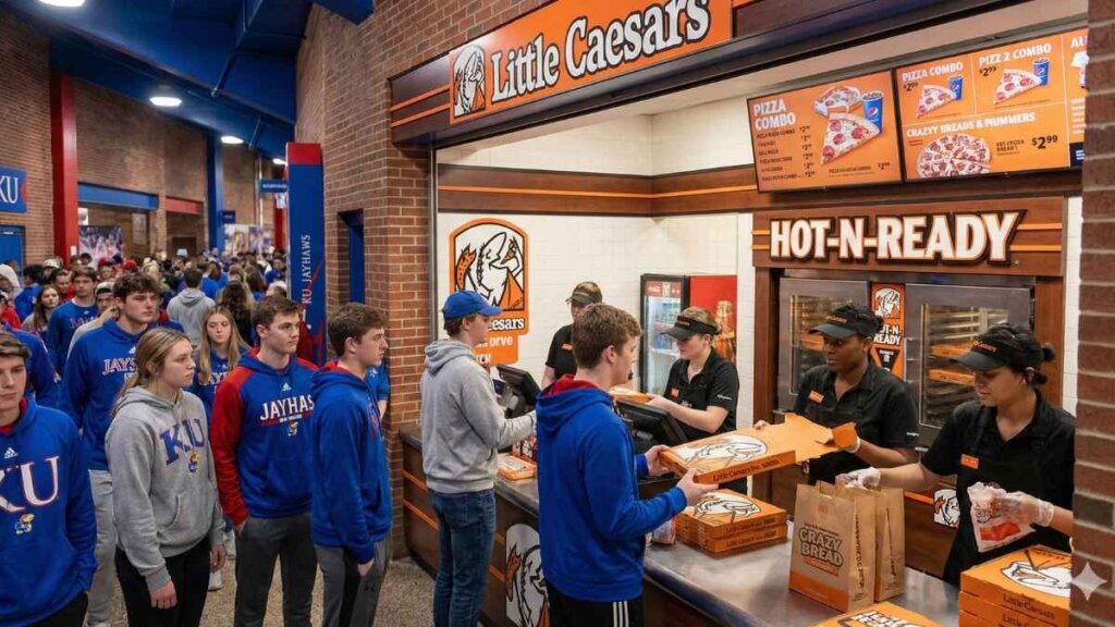 A busy Little Caesars concession stand inside the Allen Fieldhouse concourse, with a long line of University of Kansas students in Jayhawks gear waiting to order.
