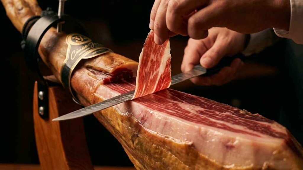 High-angle shot of a Margherita Royale pizza topped with thin, glossy slices of Cinco Jotas Ibérico ham, fresh basil, and buffalo mozzarella on a rustic wooden board.