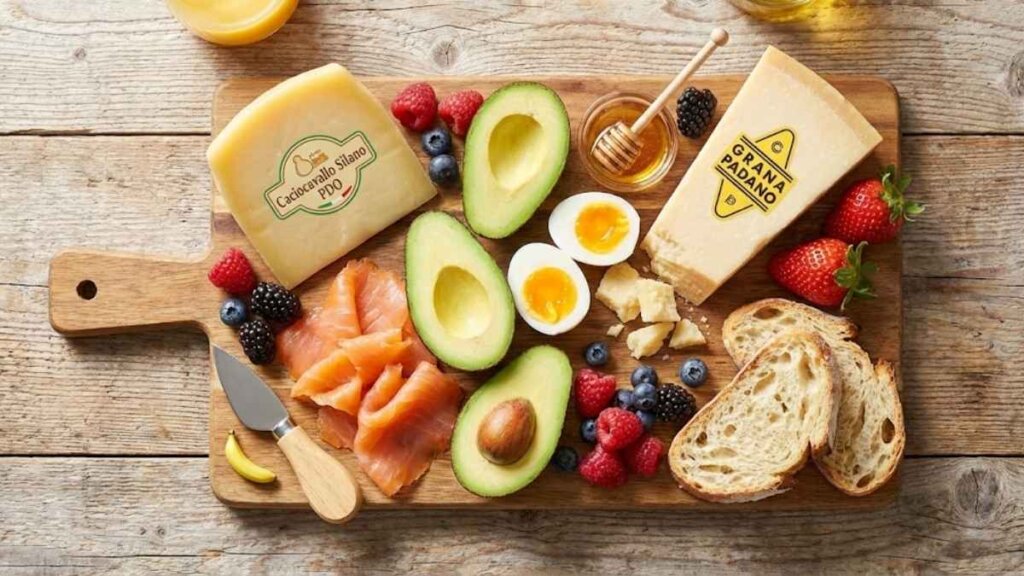 A top-down photograph of a European cheese brunch board, featuring blocks of Caciocavallo Silano PDO and Grana Padano PDO alongside smoked salmon, avocado halves, soft-boiled eggs, fresh berries, honey, and crusty bread on a wooden platter.
