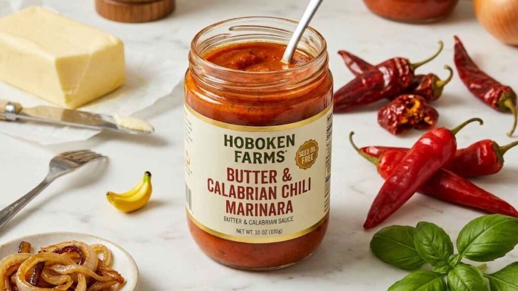 A jar of Hoboken Farms Butter & Calabrian Chili Marinara sauce sitting on a marble countertop next to fresh basil, a stick of butter, and whole red Calabrian chilies.